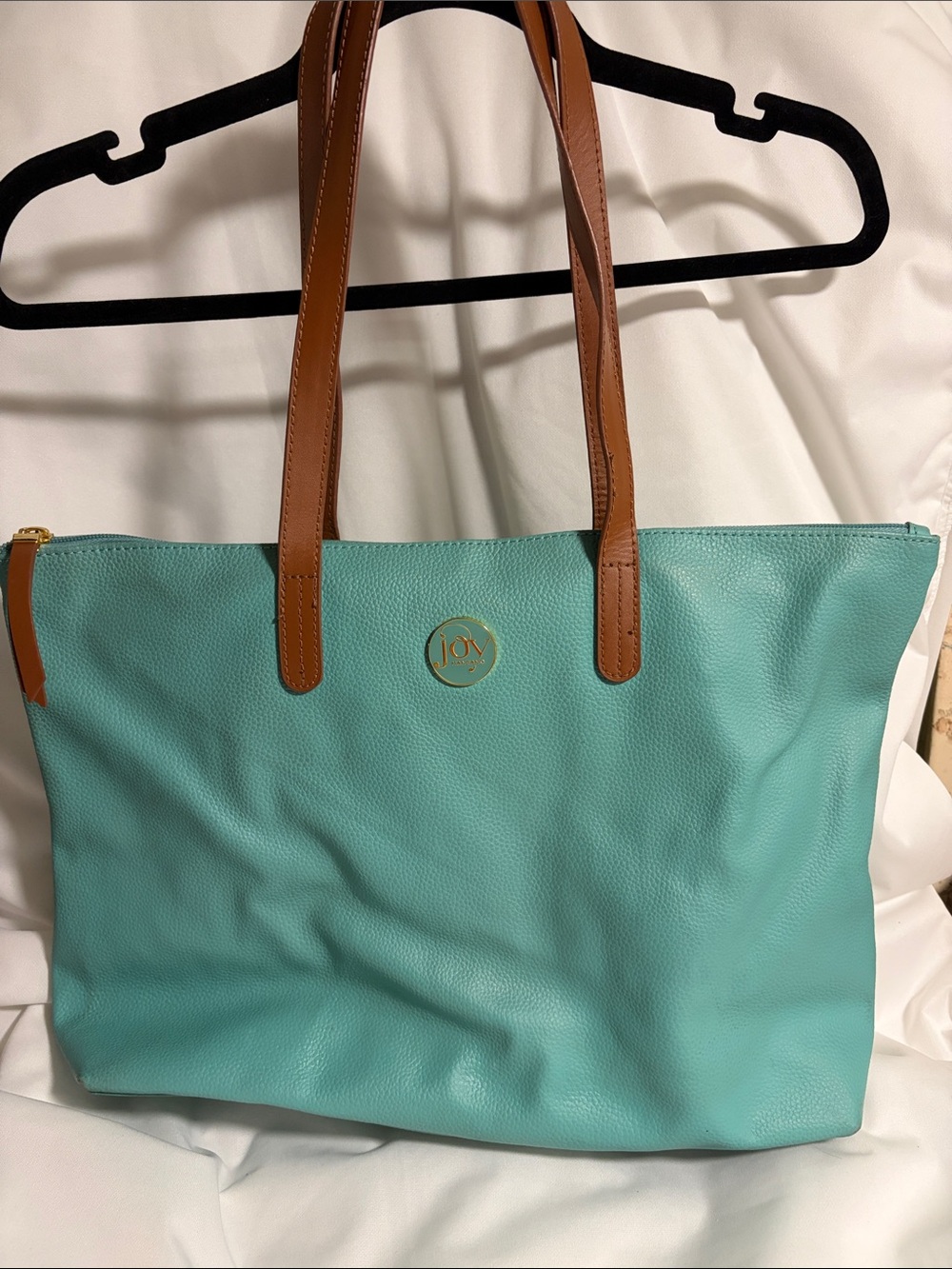 Joy Mangano Turquoise Tote with Brown Handles